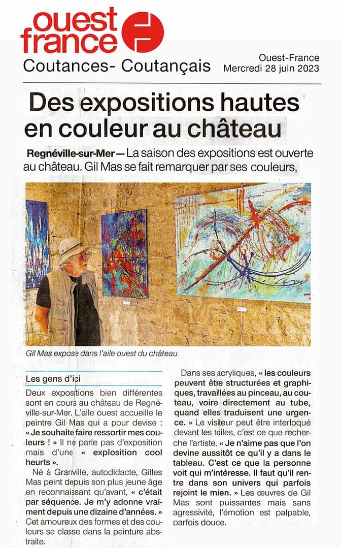 Article Ouest France - Exposition GIL MAS, peintre de Granville, à Regnéville-sur-Mer (Manche)