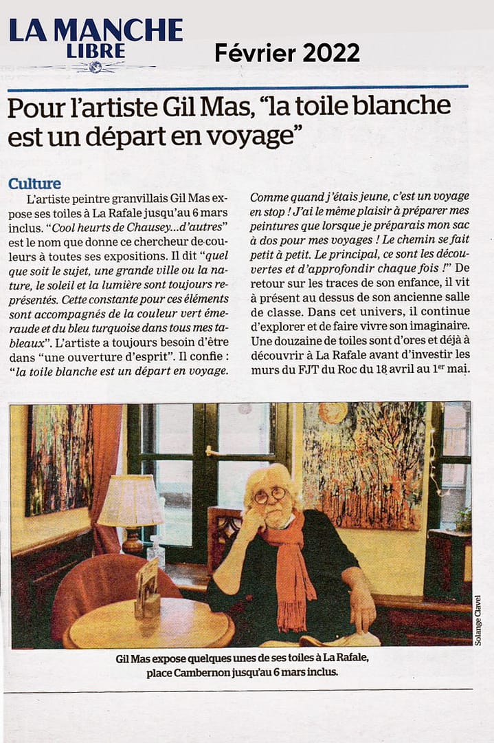 La toile blanche est un départ en voyage. Article la Manche Libre exposition La Rafale février 2022